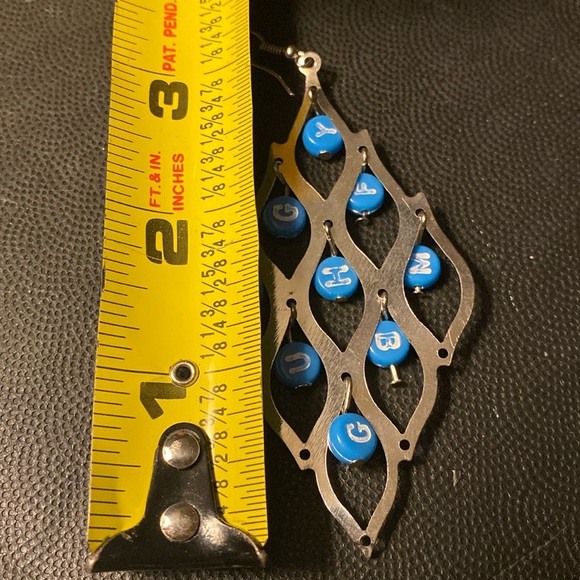 Bingo Dangling Silver tone with acrylic blue beads with letters pierced Earrings - Picture 4 of 6